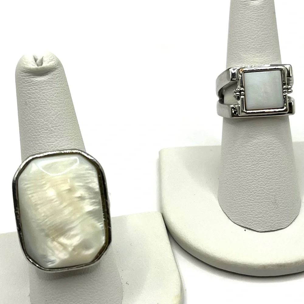 Three Silver Tone Rings with White/Opalescent Stones - Stackable Set